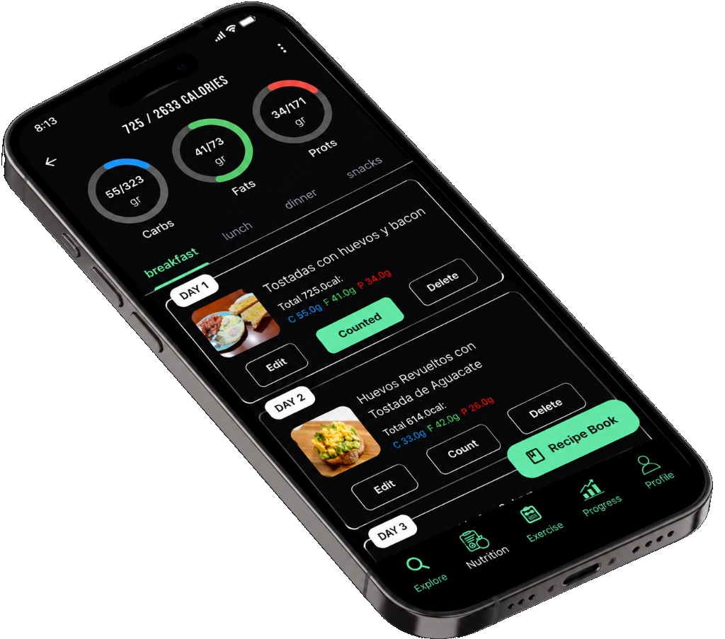 Growth Trainer app showing client training and nutrition plans